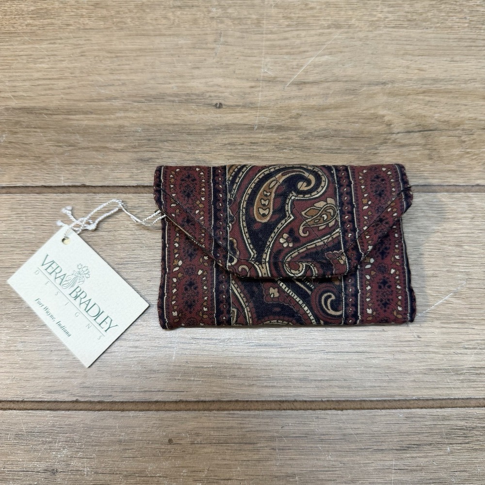 Vtg Vera Bradley Credit Card Case Mini Wallet Mocha Paisley Brown Black Rare USA